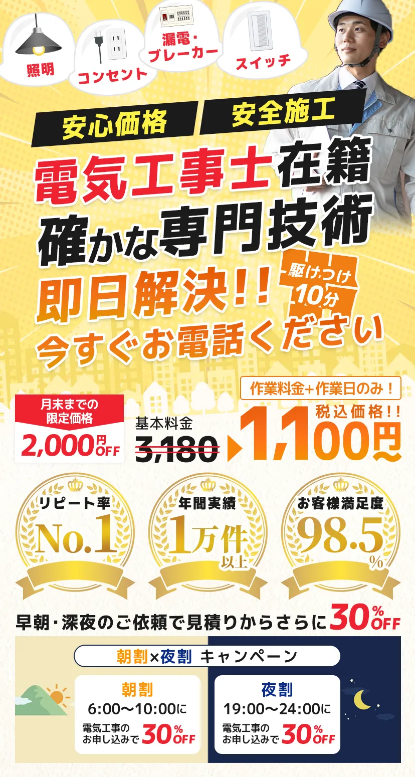 コンセント、スイッチ、照明、ブレーカーの対応。WEB限定価格1100円から。関東地域最短20分で駆けつけ。電気工事士対応で安心。施工実績3万件、出張・見積り無料、受付時間24時間365日。